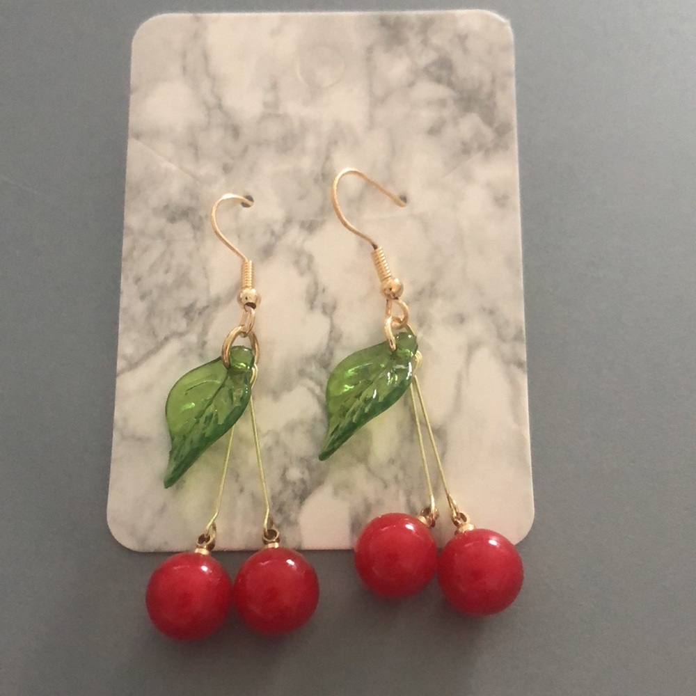 💕 3 for $30: Red Cherry Red Bead Dangle Earrings - Picture 3 of 3